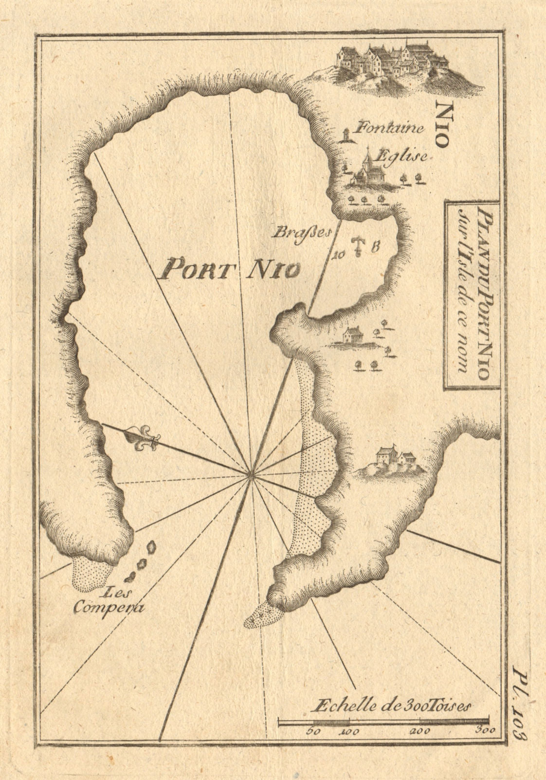 Port Nio. Ios (or Nios) & Ormos harbour, Cyclades. Greece. ROUX 1804 old map